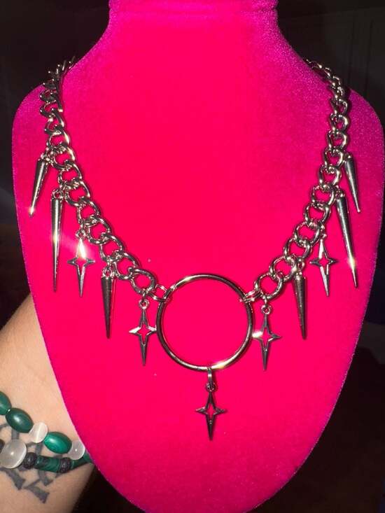 Handmade Jewelry - Punk Style Silver-Tone Spike and Star O-Ring Chain Necklace